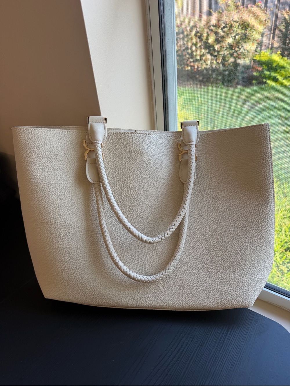 Ulta Beauty Cream Faux Leather Braided Handle Tote Bag
